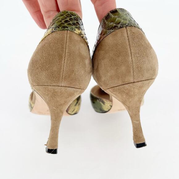 Manolo Blahnik Tan Suede Snakeskin PVC Cutout Pointed Toe D'Orsay Heel IT 36 - Picture 7 of 11